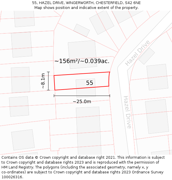 55, HAZEL DRIVE, WINGERWORTH, CHESTERFIELD, S42 6NE: Plot and title map