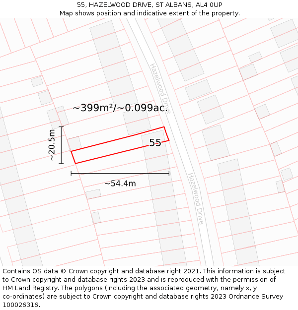 55, HAZELWOOD DRIVE, ST ALBANS, AL4 0UP: Plot and title map