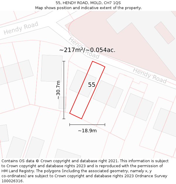 55, HENDY ROAD, MOLD, CH7 1QS: Plot and title map