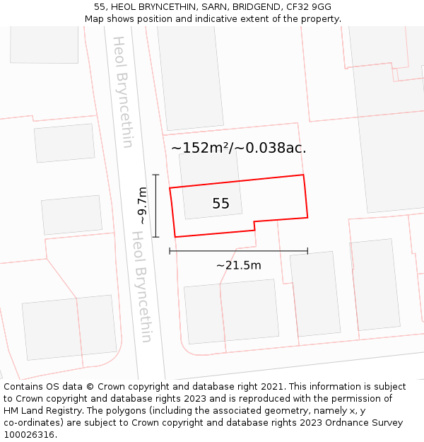 55, HEOL BRYNCETHIN, SARN, BRIDGEND, CF32 9GG: Plot and title map
