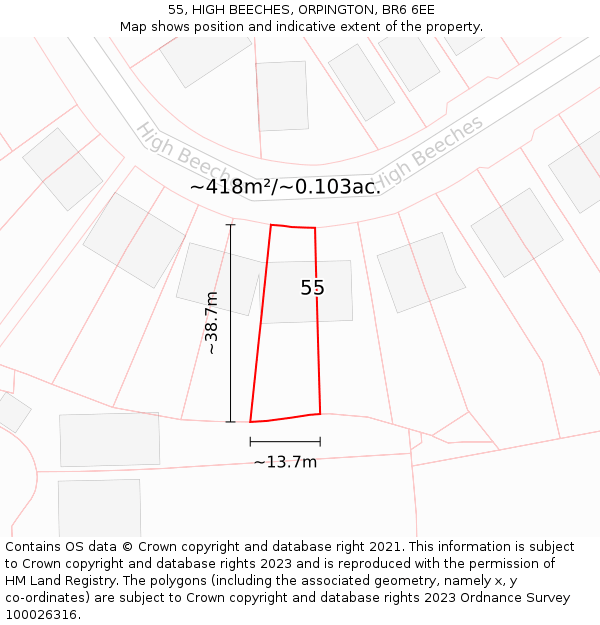 55, HIGH BEECHES, ORPINGTON, BR6 6EE: Plot and title map