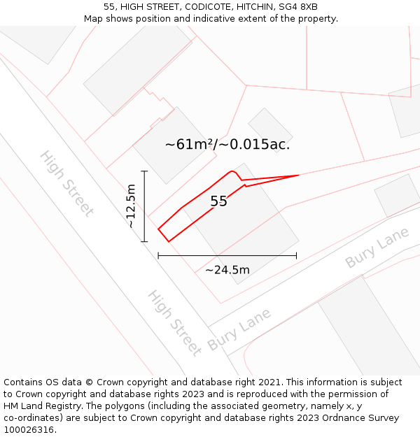 55, HIGH STREET, CODICOTE, HITCHIN, SG4 8XB: Plot and title map