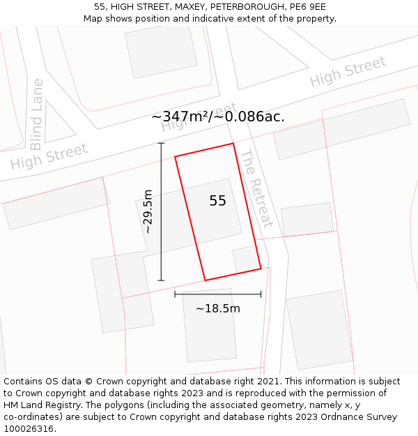 55, HIGH STREET, MAXEY, PETERBOROUGH, PE6 9EE: Plot and title map