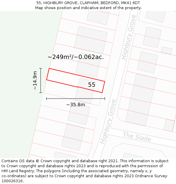 55, HIGHBURY GROVE, CLAPHAM, BEDFORD, MK41 6DT: Plot and title map