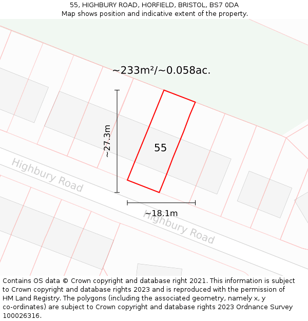 55, HIGHBURY ROAD, HORFIELD, BRISTOL, BS7 0DA: Plot and title map