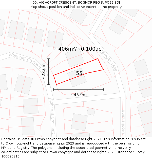 55, HIGHCROFT CRESCENT, BOGNOR REGIS, PO22 8DJ: Plot and title map