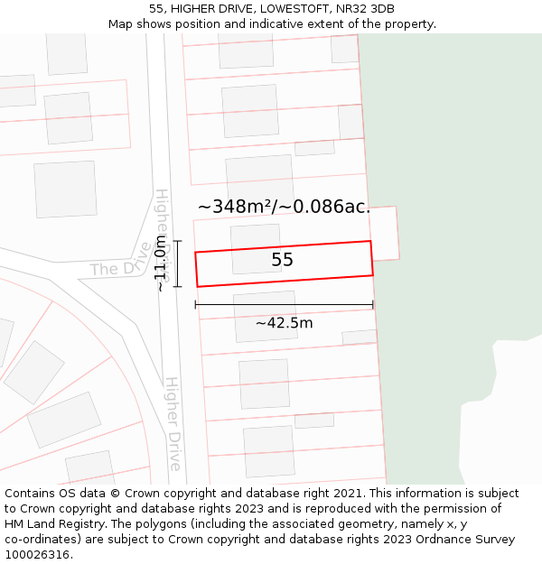 55, HIGHER DRIVE, LOWESTOFT, NR32 3DB: Plot and title map