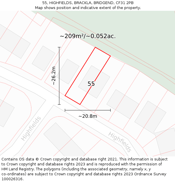 55, HIGHFIELDS, BRACKLA, BRIDGEND, CF31 2PB: Plot and title map