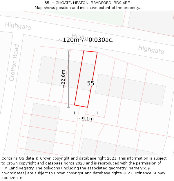 55, HIGHGATE, HEATON, BRADFORD, BD9 4BE: Plot and title map