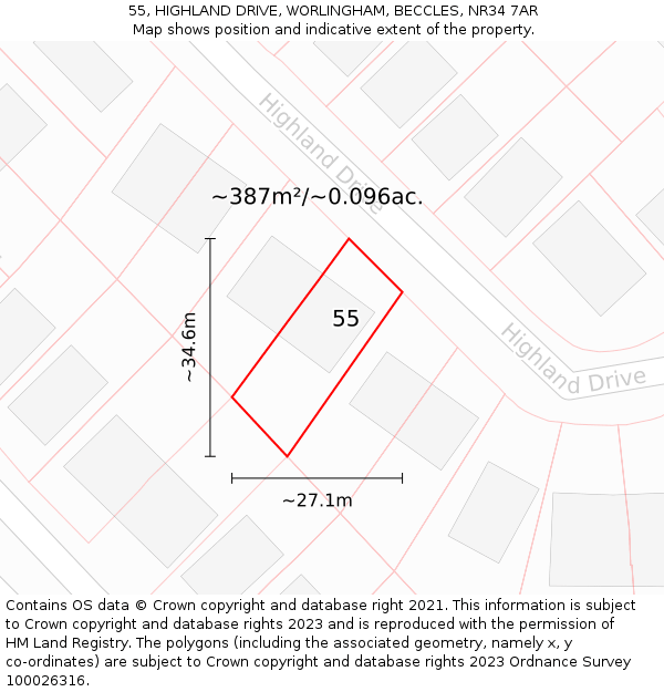 55, HIGHLAND DRIVE, WORLINGHAM, BECCLES, NR34 7AR: Plot and title map