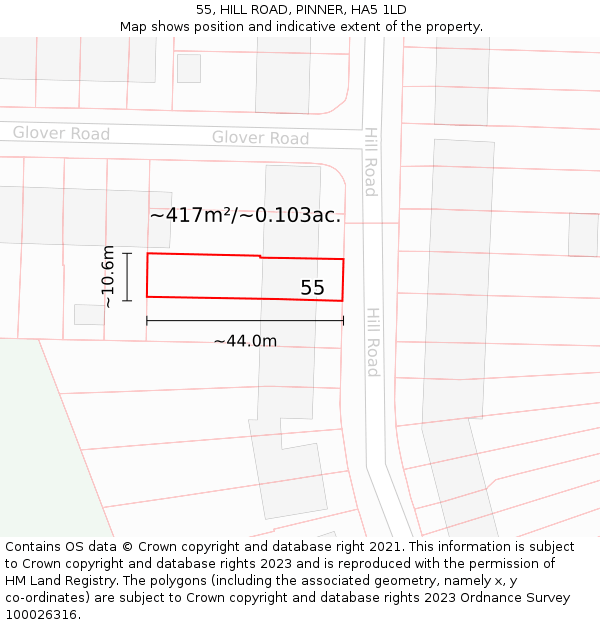 55, HILL ROAD, PINNER, HA5 1LD: Plot and title map