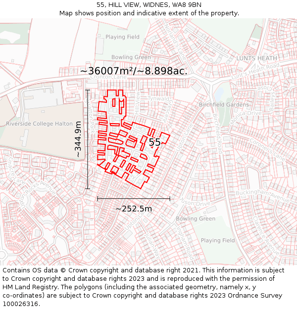 55, HILL VIEW, WIDNES, WA8 9BN: Plot and title map