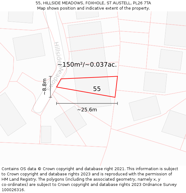 55, HILLSIDE MEADOWS, FOXHOLE, ST AUSTELL, PL26 7TA: Plot and title map