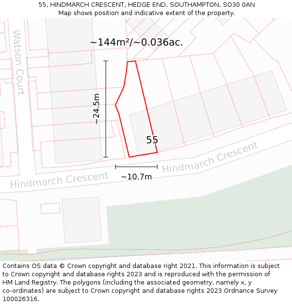 55, HINDMARCH CRESCENT, HEDGE END, SOUTHAMPTON, SO30 0AN: Plot and title map