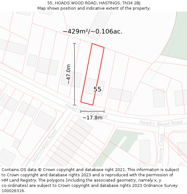 55, HOADS WOOD ROAD, HASTINGS, TN34 2BJ: Plot and title map