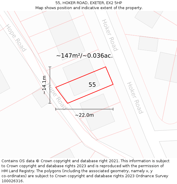55, HOKER ROAD, EXETER, EX2 5HP: Plot and title map