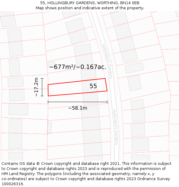 55, HOLLINGBURY GARDENS, WORTHING, BN14 0EB: Plot and title map
