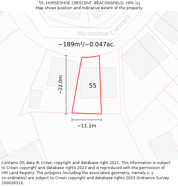 55, HORSESHOE CRESCENT, BEACONSFIELD, HP9 1LJ: Plot and title map