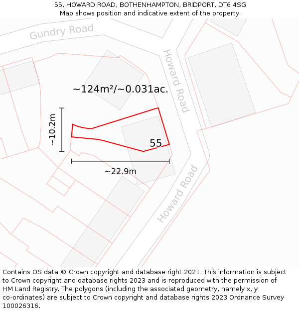 55, HOWARD ROAD, BOTHENHAMPTON, BRIDPORT, DT6 4SG: Plot and title map