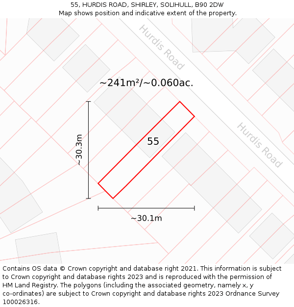55, HURDIS ROAD, SHIRLEY, SOLIHULL, B90 2DW: Plot and title map