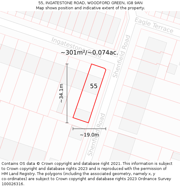 55, INGATESTONE ROAD, WOODFORD GREEN, IG8 9AN: Plot and title map