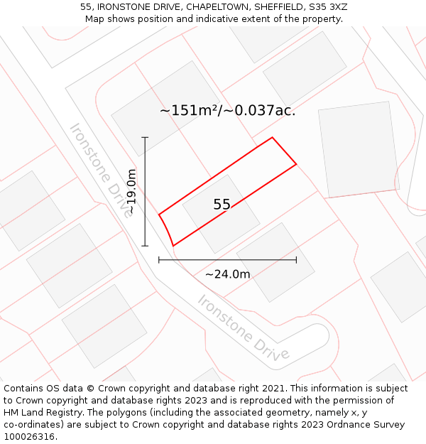 55, IRONSTONE DRIVE, CHAPELTOWN, SHEFFIELD, S35 3XZ: Plot and title map