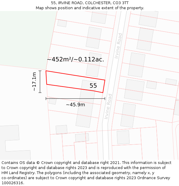 55, IRVINE ROAD, COLCHESTER, CO3 3TT: Plot and title map