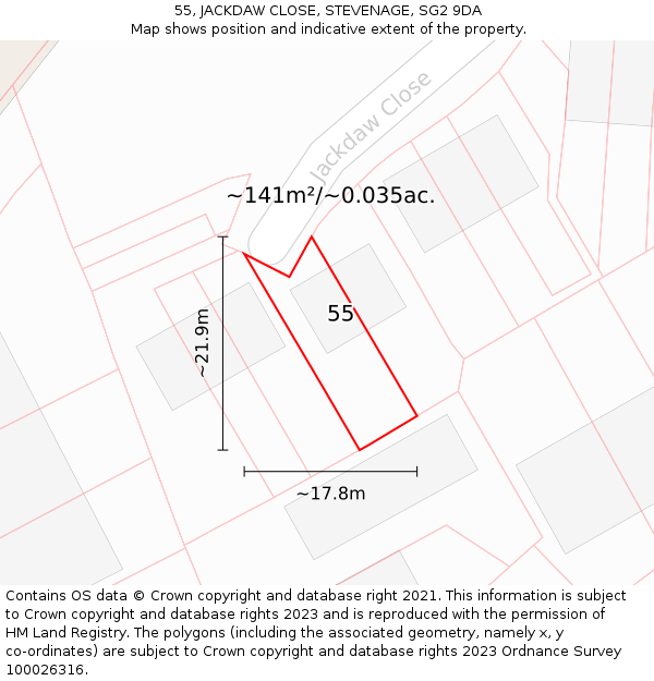 55, JACKDAW CLOSE, STEVENAGE, SG2 9DA: Plot and title map