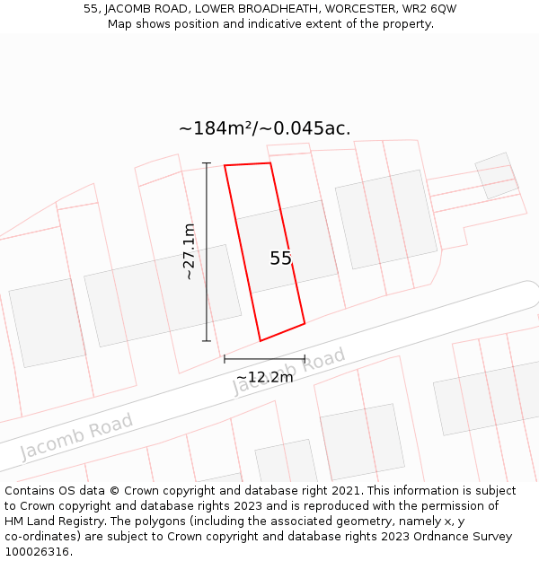 55, JACOMB ROAD, LOWER BROADHEATH, WORCESTER, WR2 6QW: Plot and title map