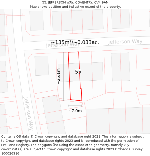 55, JEFFERSON WAY, COVENTRY, CV4 9AN: Plot and title map