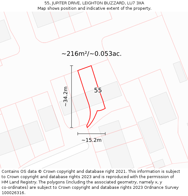 55, JUPITER DRIVE, LEIGHTON BUZZARD, LU7 3XA: Plot and title map
