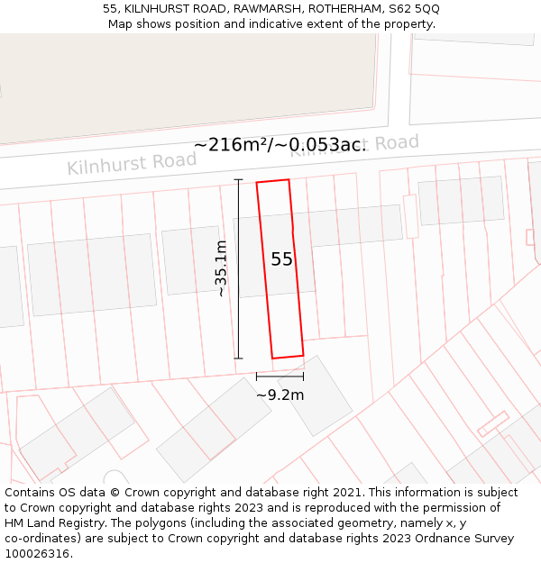 55, KILNHURST ROAD, RAWMARSH, ROTHERHAM, S62 5QQ: Plot and title map