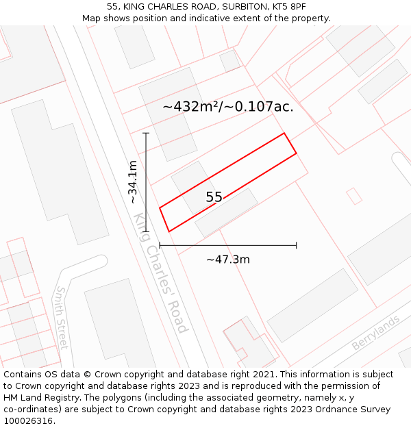 55, KING CHARLES ROAD, SURBITON, KT5 8PF: Plot and title map