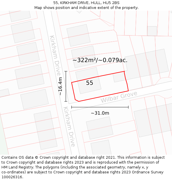 55, KIRKHAM DRIVE, HULL, HU5 2BS: Plot and title map