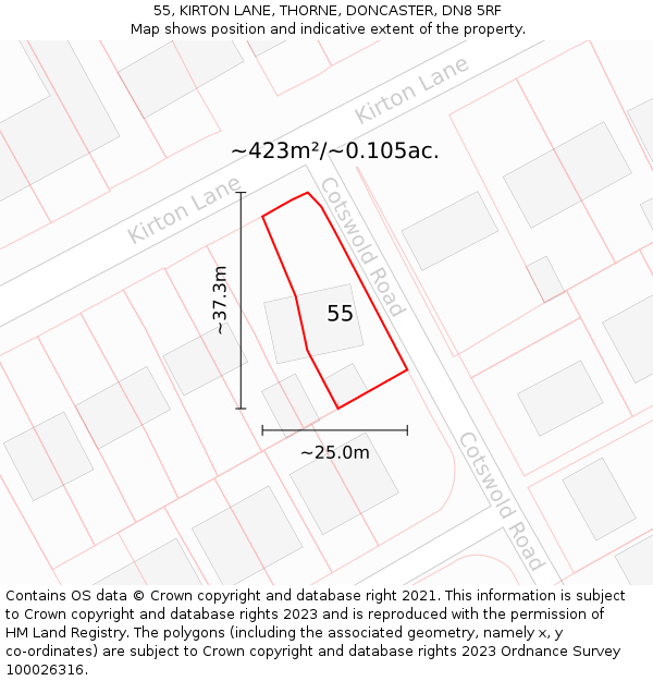 55, KIRTON LANE, THORNE, DONCASTER, DN8 5RF: Plot and title map