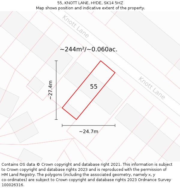 55, KNOTT LANE, HYDE, SK14 5HZ: Plot and title map