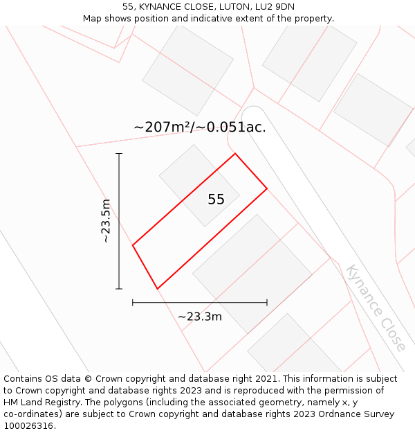 55, KYNANCE CLOSE, LUTON, LU2 9DN: Plot and title map