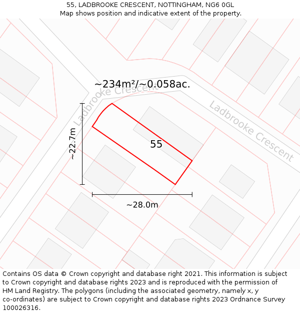 55, LADBROOKE CRESCENT, NOTTINGHAM, NG6 0GL: Plot and title map