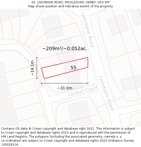 55, LADYBANK ROAD, MICKLEOVER, DERBY, DE3 0PF: Plot and title map
