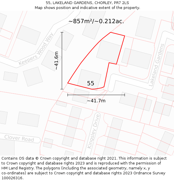 55, LAKELAND GARDENS, CHORLEY, PR7 2LS: Plot and title map