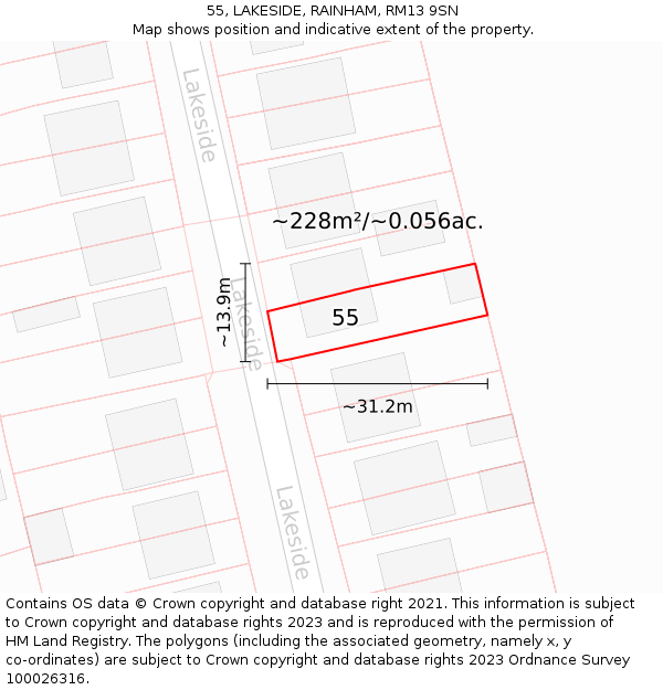 55, LAKESIDE, RAINHAM, RM13 9SN: Plot and title map