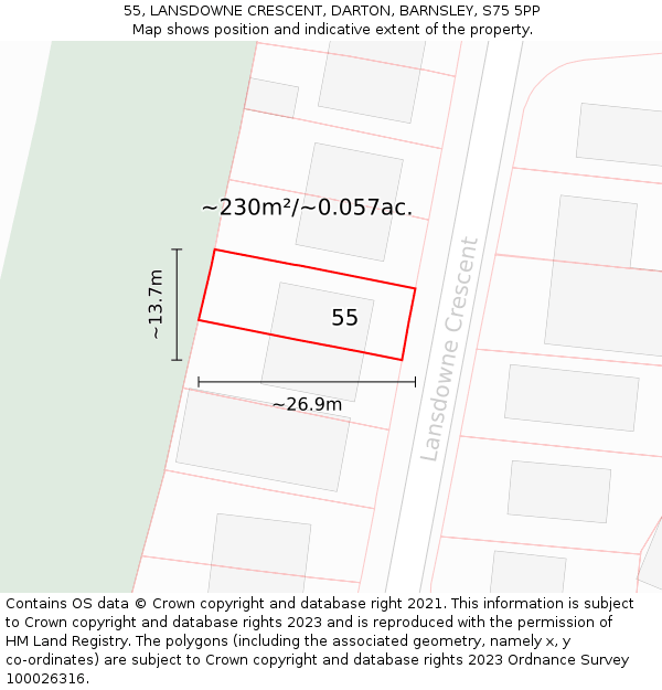 55, LANSDOWNE CRESCENT, DARTON, BARNSLEY, S75 5PP: Plot and title map