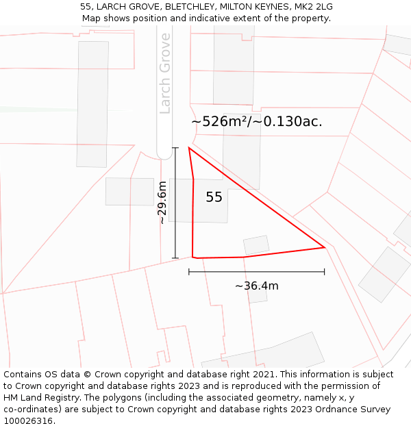 55, LARCH GROVE, BLETCHLEY, MILTON KEYNES, MK2 2LG: Plot and title map