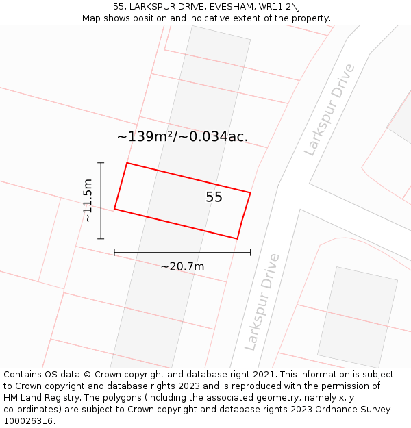 55, LARKSPUR DRIVE, EVESHAM, WR11 2NJ: Plot and title map