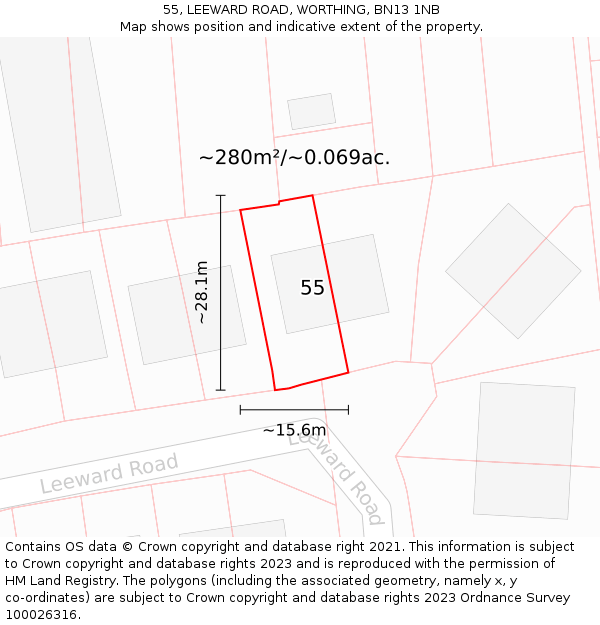 55, LEEWARD ROAD, WORTHING, BN13 1NB: Plot and title map