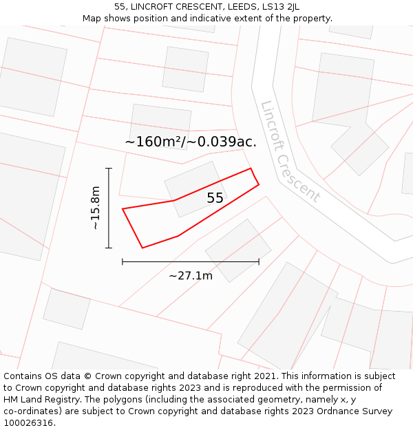 55, LINCROFT CRESCENT, LEEDS, LS13 2JL: Plot and title map