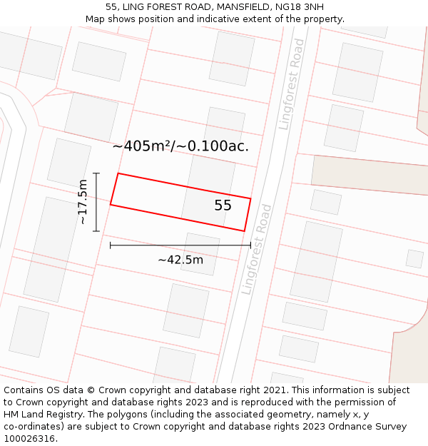 55, LING FOREST ROAD, MANSFIELD, NG18 3NH: Plot and title map