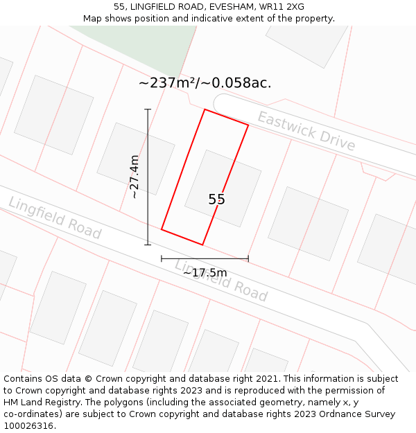 55, LINGFIELD ROAD, EVESHAM, WR11 2XG: Plot and title map