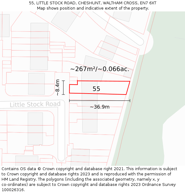 55, LITTLE STOCK ROAD, CHESHUNT, WALTHAM CROSS, EN7 6XT: Plot and title map