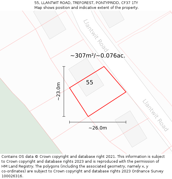 55, LLANTWIT ROAD, TREFOREST, PONTYPRIDD, CF37 1TY: Plot and title map
